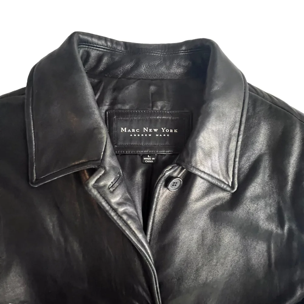 Marc New York Women L Black Genuine Leather Jacket Coat | Pockets, Lined 90s Lux - Picture 6 of 15